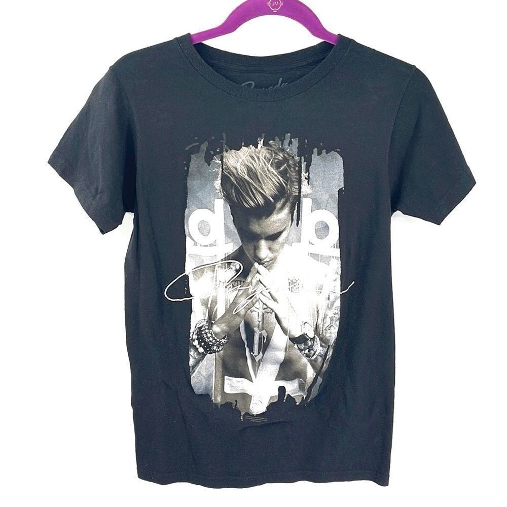 Justin Bieber 2015 Purpose album tour t tee shirt on black short sleeves EUC - Picture 1 of 8
